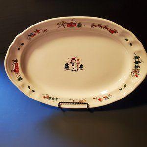 Pfaltzgraff 14" Oval Snow Village Serving Platter Snowman Santa Reindeer Sled